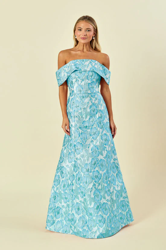 Christy Bodice with Trumpet Skirt in Metallic Floral Jacquard