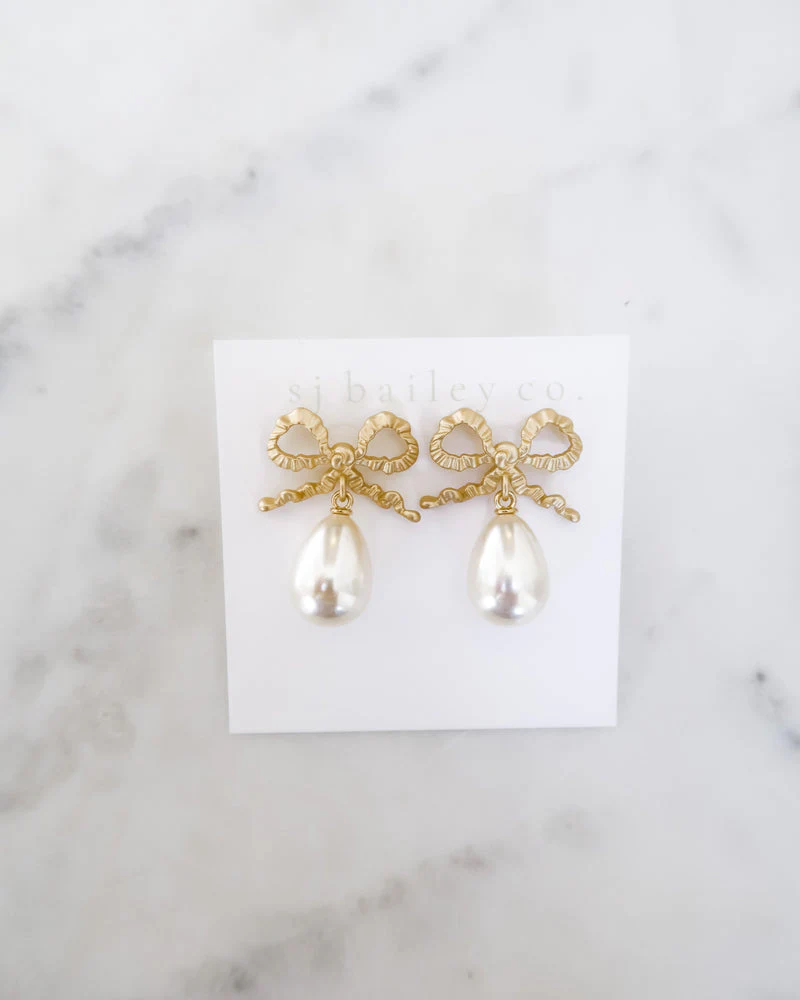 Golden Bow and Pearl Drop Earrings
