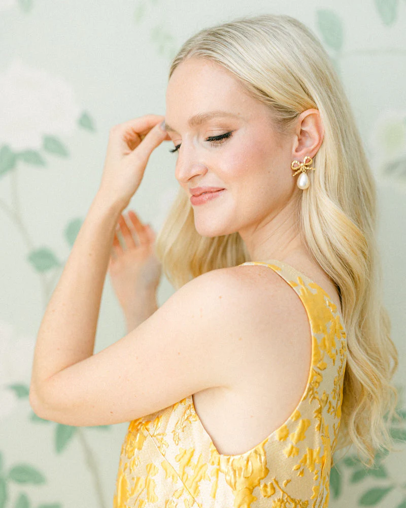 Golden Bow and Pearl Drop Earrings - Image 2
