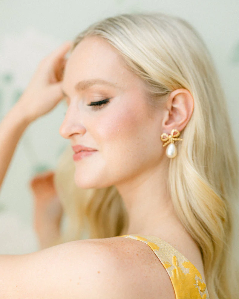 Golden Bow and Pearl Drop Earrings - Image 3